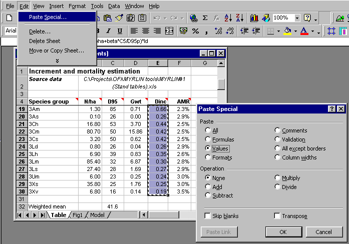 Excel screen showing pasting of values over formulae